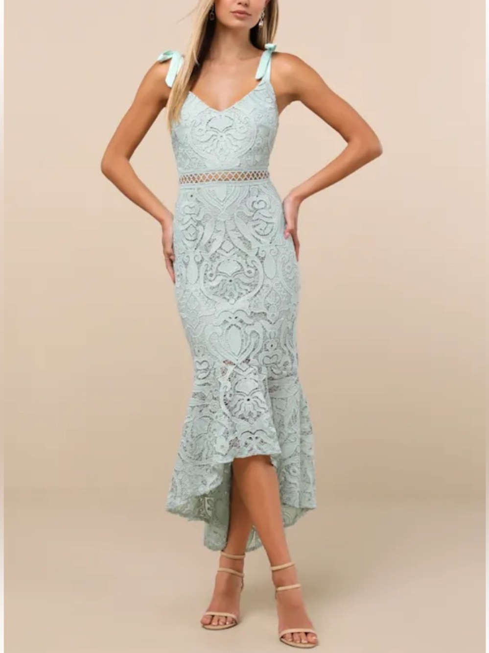 Won Your Heart Sage Green Lace Tie-Strap High-Low Midi Dress Size X Large - Picture 1 of 10